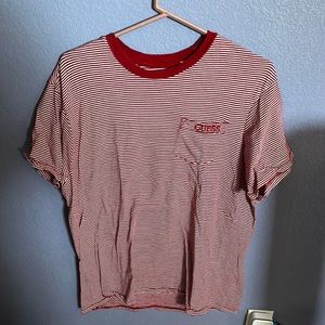 Guess red and white stripped t shirt with pocket size Large